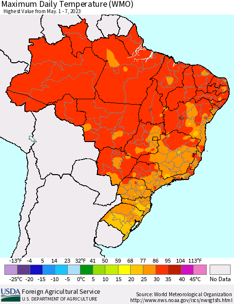 Brazil Maximum Daily Temperature (WMO) Thematic Map For 5/1/2023 - 5/7/2023