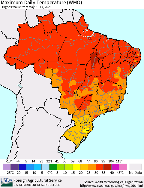 Brazil Maximum Daily Temperature (WMO) Thematic Map For 5/8/2023 - 5/14/2023