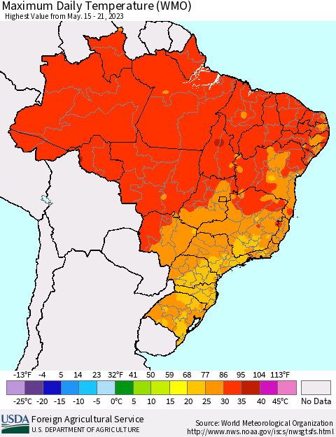 Brazil Maximum Daily Temperature (WMO) Thematic Map For 5/15/2023 - 5/21/2023