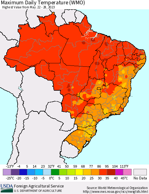 Brazil Maximum Daily Temperature (WMO) Thematic Map For 5/22/2023 - 5/28/2023