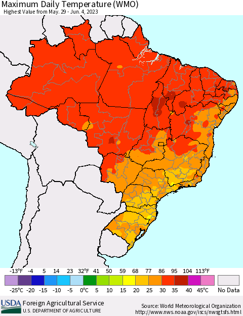 Brazil Maximum Daily Temperature (WMO) Thematic Map For 5/29/2023 - 6/4/2023