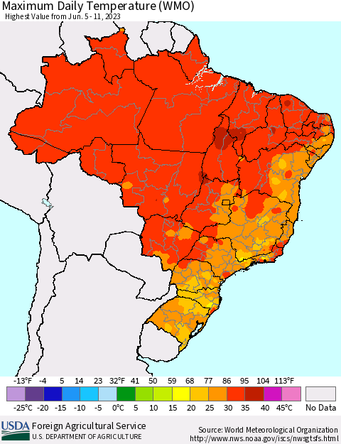 Brazil Maximum Daily Temperature (WMO) Thematic Map For 6/5/2023 - 6/11/2023