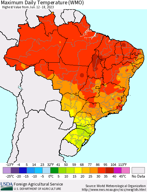 Brazil Maximum Daily Temperature (WMO) Thematic Map For 6/12/2023 - 6/18/2023
