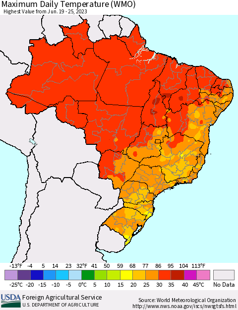 Brazil Maximum Daily Temperature (WMO) Thematic Map For 6/19/2023 - 6/25/2023