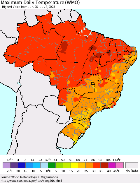 Brazil Maximum Daily Temperature (WMO) Thematic Map For 6/26/2023 - 7/2/2023