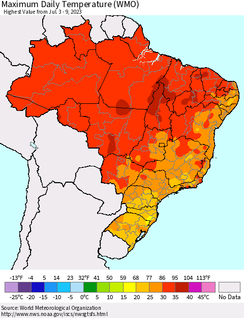 Brazil Maximum Daily Temperature (WMO) Thematic Map For 7/3/2023 - 7/9/2023