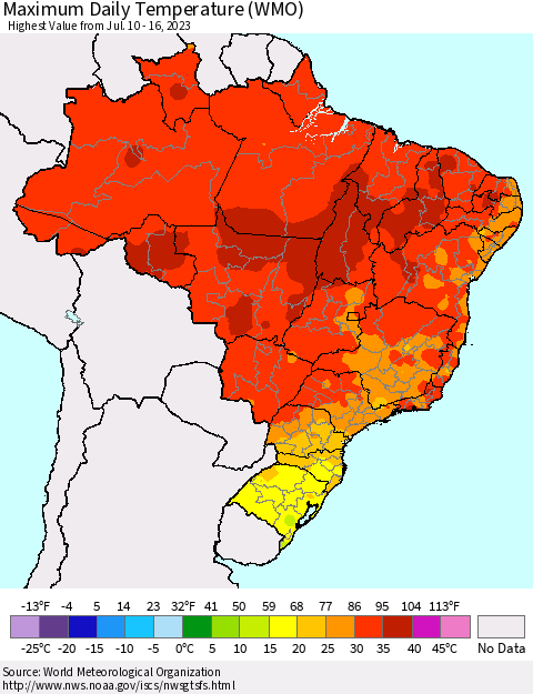 Brazil Maximum Daily Temperature (WMO) Thematic Map For 7/10/2023 - 7/16/2023