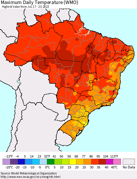 Brazil Maximum Daily Temperature (WMO) Thematic Map For 7/17/2023 - 7/23/2023