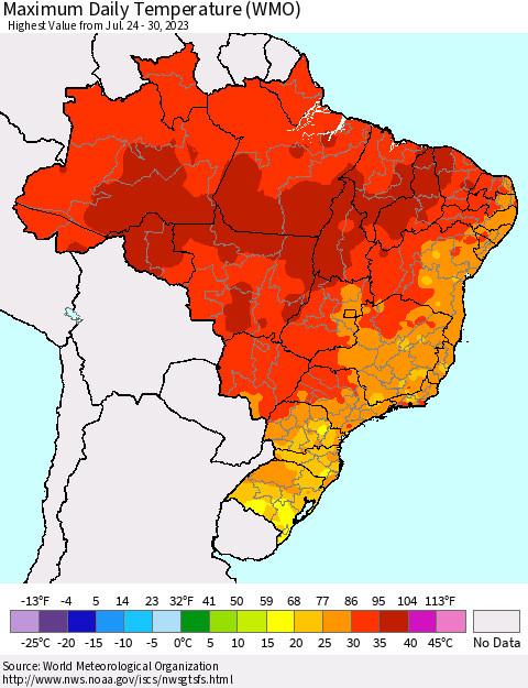 Brazil Maximum Daily Temperature (WMO) Thematic Map For 7/24/2023 - 7/30/2023