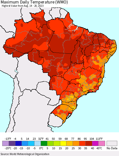 Brazil Maximum Daily Temperature (WMO) Thematic Map For 8/14/2023 - 8/20/2023
