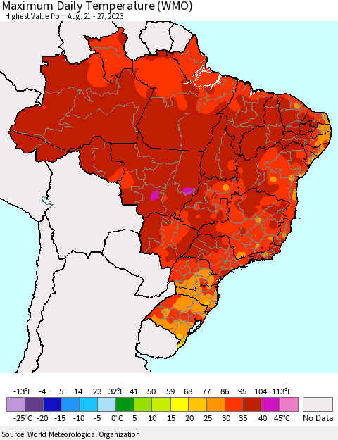 Brazil Maximum Daily Temperature (WMO) Thematic Map For 8/21/2023 - 8/27/2023