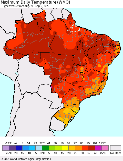 Brazil Maximum Daily Temperature (WMO) Thematic Map For 8/28/2023 - 9/3/2023