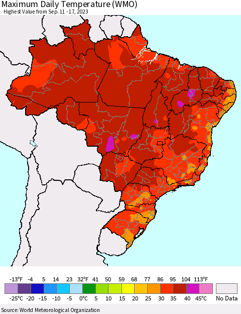 Brazil Maximum Daily Temperature (WMO) Thematic Map For 9/11/2023 - 9/17/2023