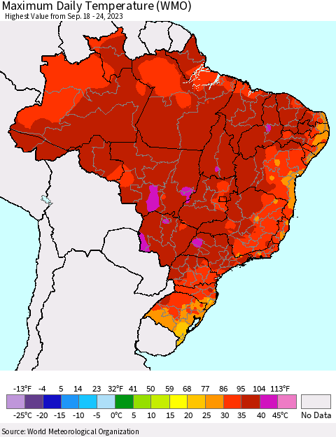 Brazil Maximum Daily Temperature (WMO) Thematic Map For 9/18/2023 - 9/24/2023