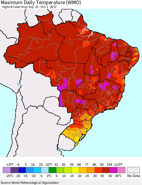 Brazil Maximum Daily Temperature (WMO) Thematic Map For 9/25/2023 - 10/1/2023