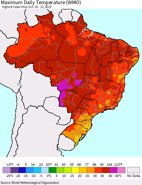 Brazil Maximum Daily Temperature (WMO) Thematic Map For 10/16/2023 - 10/22/2023
