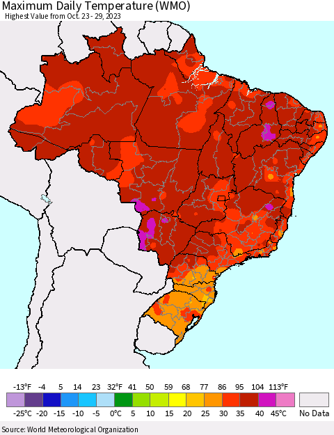 Brazil Maximum Daily Temperature (WMO) Thematic Map For 10/23/2023 - 10/29/2023
