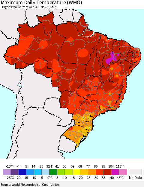 Brazil Maximum Daily Temperature (WMO) Thematic Map For 10/30/2023 - 11/5/2023