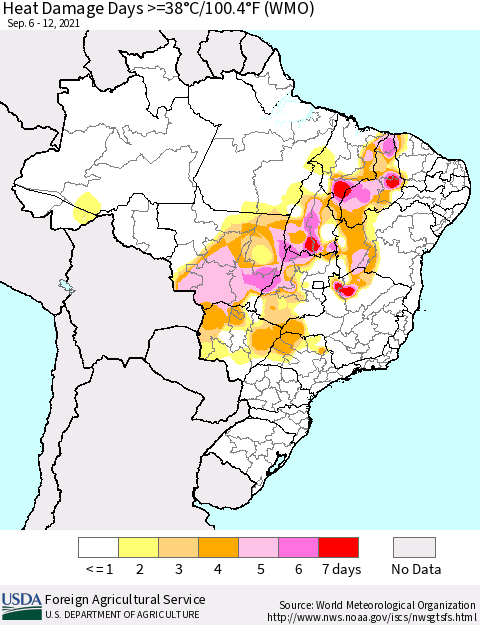 Brazil Heat Damage Days >=38°C/100°F (WMO) Thematic Map For 9/6/2021 - 9/12/2021