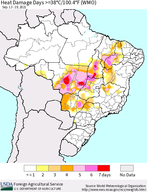 Brazil Heat Damage Days >=38°C/100°F (WMO) Thematic Map For 9/13/2021 - 9/19/2021