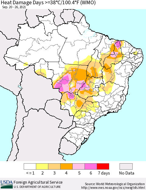 Brazil Heat Damage Days >=38°C/100°F (WMO) Thematic Map For 9/20/2021 - 9/26/2021