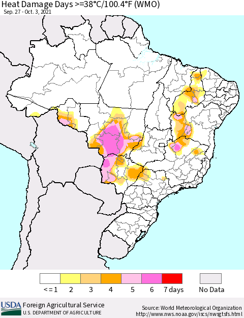 Brazil Heat Damage Days >=38°C/100°F (WMO) Thematic Map For 9/27/2021 - 10/3/2021