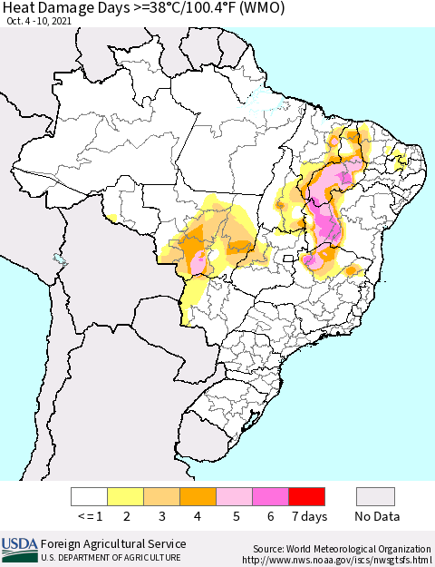 Brazil Heat Damage Days >=38°C/100°F (WMO) Thematic Map For 10/4/2021 - 10/10/2021