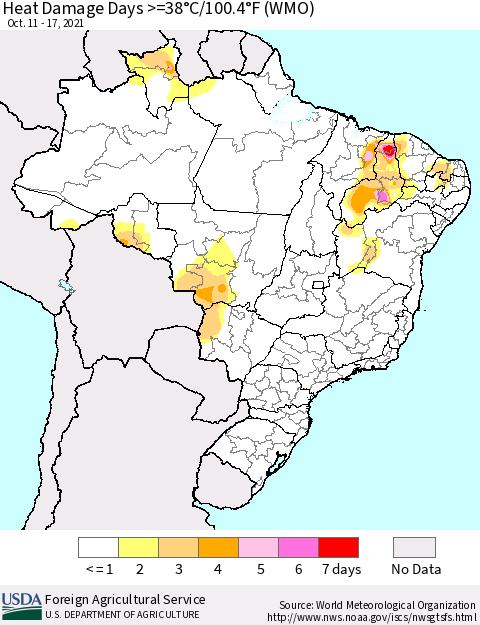 Brazil Heat Damage Days >=38°C/100°F (WMO) Thematic Map For 10/11/2021 - 10/17/2021