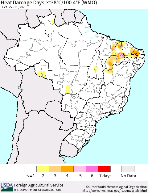 Brazil Heat Damage Days >=38°C/100°F (WMO) Thematic Map For 10/25/2021 - 10/31/2021