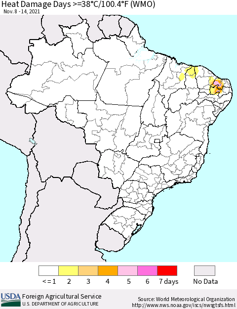 Brazil Heat Damage Days >=38°C/100°F (WMO) Thematic Map For 11/8/2021 - 11/14/2021