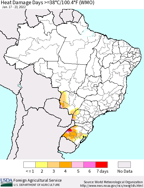 Brazil Heat Damage Days >=38°C/100°F (WMO) Thematic Map For 1/17/2022 - 1/23/2022