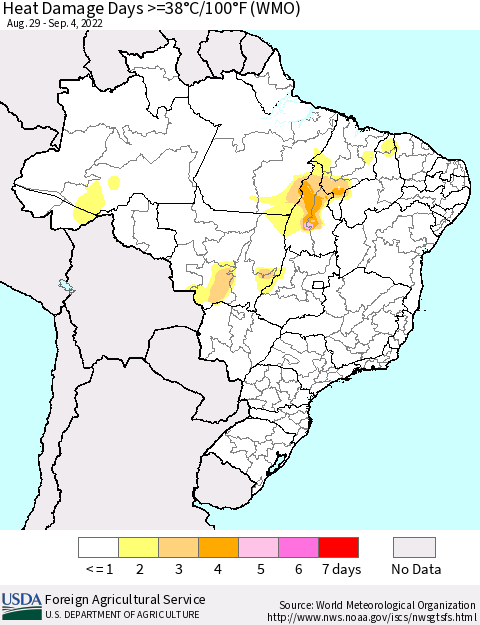 Brazil Heat Damage Days >=38°C/100°F (WMO) Thematic Map For 8/29/2022 - 9/4/2022