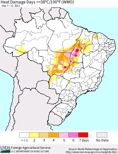 Brazil Heat Damage Days >=38°C/100°F (WMO) Thematic Map For 9/5/2022 - 9/11/2022