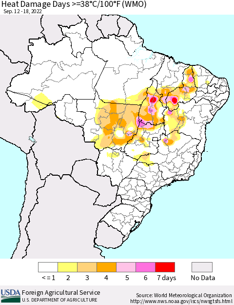 Brazil Heat Damage Days >=38°C/100°F (WMO) Thematic Map For 9/12/2022 - 9/18/2022