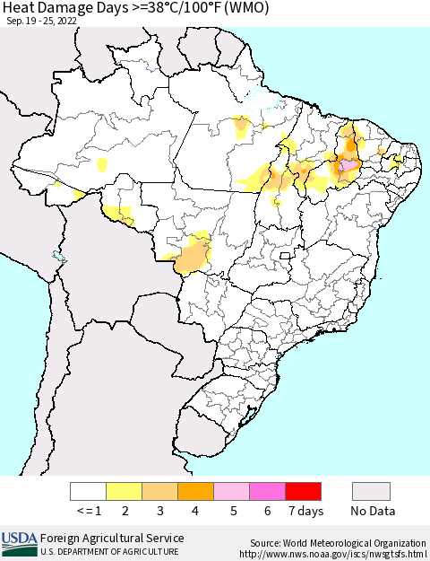 Brazil Heat Damage Days >=38°C/100°F (WMO) Thematic Map For 9/19/2022 - 9/25/2022