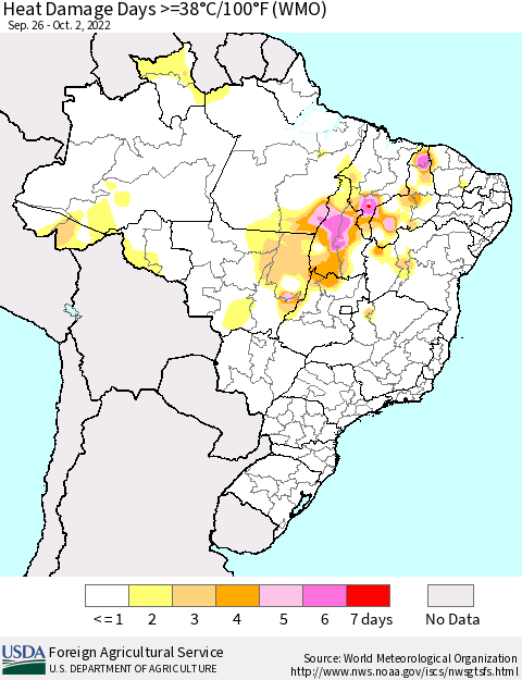 Brazil Heat Damage Days >=38°C/100°F (WMO) Thematic Map For 9/26/2022 - 10/2/2022