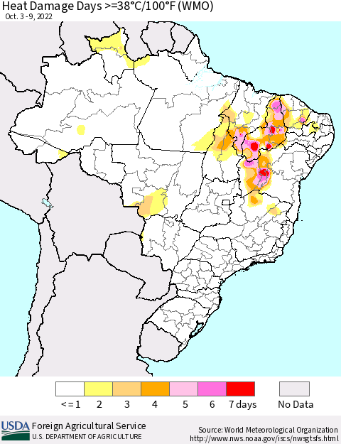Brazil Heat Damage Days >=38°C/100°F (WMO) Thematic Map For 10/3/2022 - 10/9/2022