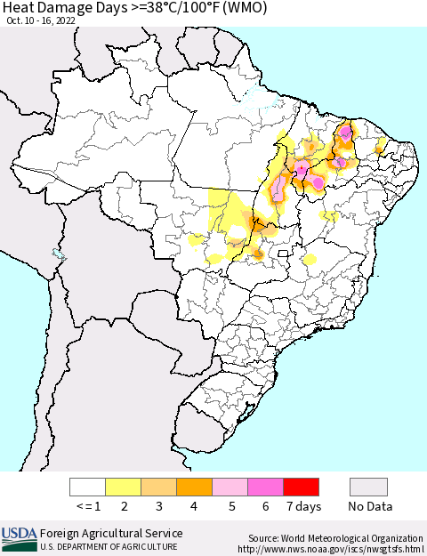 Brazil Heat Damage Days >=38°C/100°F (WMO) Thematic Map For 10/10/2022 - 10/16/2022