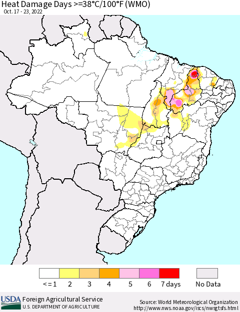 Brazil Heat Damage Days >=38°C/100°F (WMO) Thematic Map For 10/17/2022 - 10/23/2022