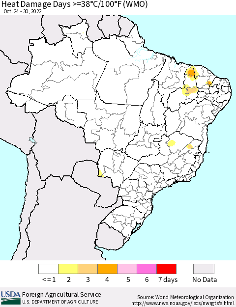 Brazil Heat Damage Days >=38°C/100°F (WMO) Thematic Map For 10/24/2022 - 10/30/2022