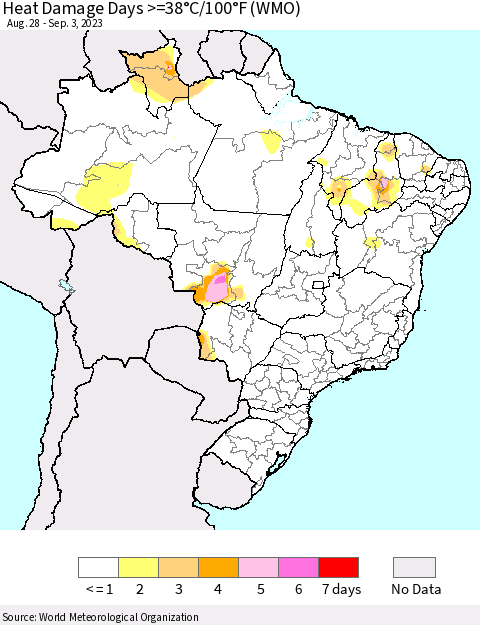 Brazil Heat Damage Days >=38°C/100°F (WMO) Thematic Map For 8/28/2023 - 9/3/2023