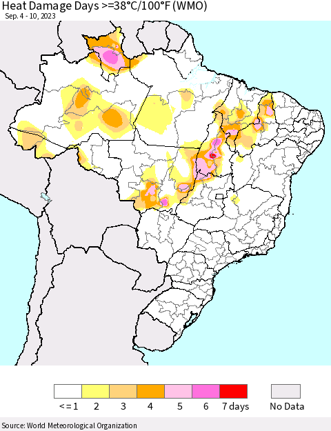 Brazil Heat Damage Days >=38°C/100°F (WMO) Thematic Map For 9/4/2023 - 9/10/2023