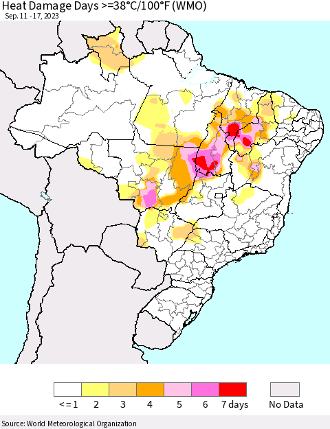 Brazil Heat Damage Days >=38°C/100°F (WMO) Thematic Map For 9/11/2023 - 9/17/2023