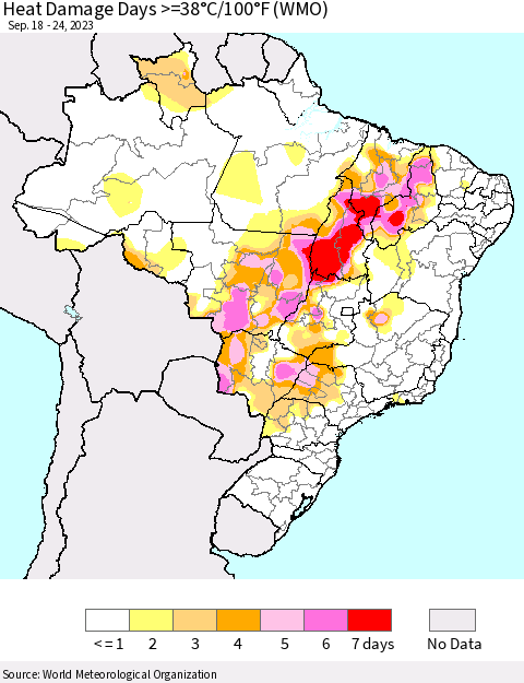 Brazil Heat Damage Days >=38°C/100°F (WMO) Thematic Map For 9/18/2023 - 9/24/2023