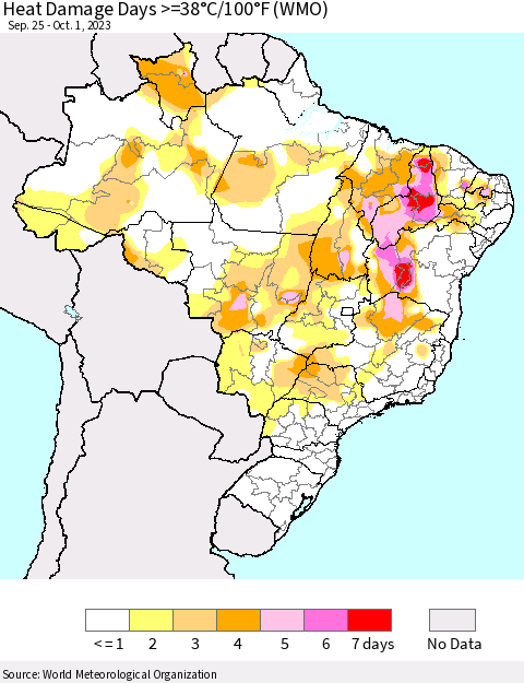 Brazil Heat Damage Days >=38°C/100°F (WMO) Thematic Map For 9/25/2023 - 10/1/2023