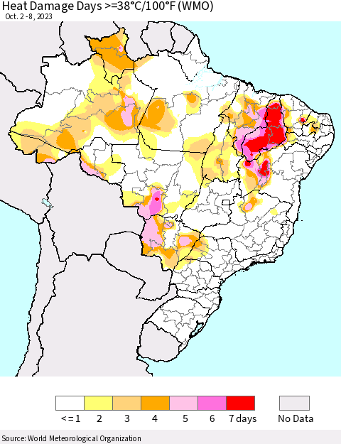 Brazil Heat Damage Days >=38°C/100°F (WMO) Thematic Map For 10/2/2023 - 10/8/2023