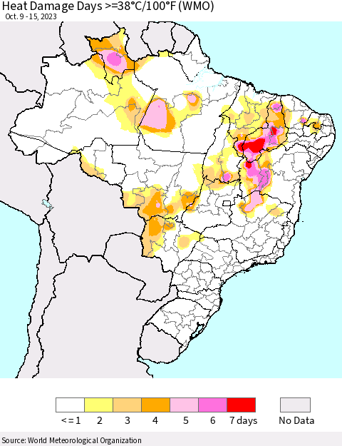 Brazil Heat Damage Days >=38°C/100°F (WMO) Thematic Map For 10/9/2023 - 10/15/2023