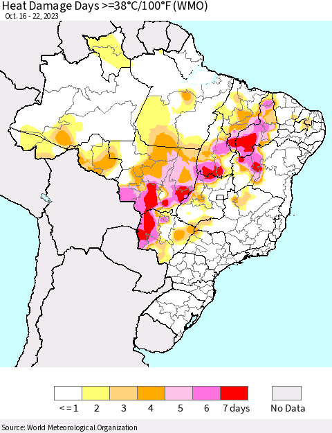 Brazil Heat Damage Days >=38°C/100°F (WMO) Thematic Map For 10/16/2023 - 10/22/2023