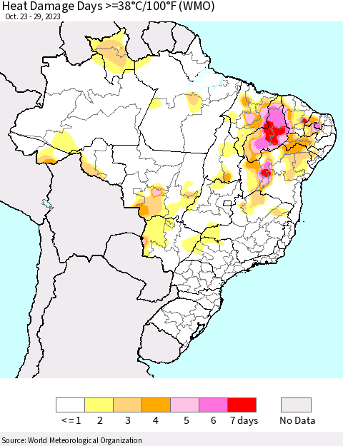 Brazil Heat Damage Days >=38°C/100°F (WMO) Thematic Map For 10/23/2023 - 10/29/2023