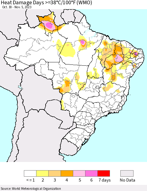 Brazil Heat Damage Days >=38°C/100°F (WMO) Thematic Map For 10/30/2023 - 11/5/2023